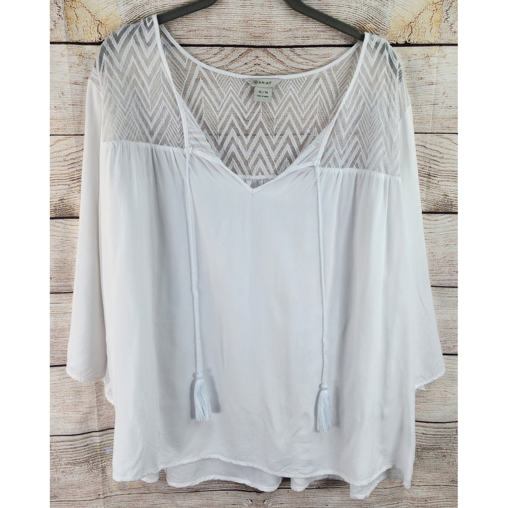 Ariat Top Women's XL White Boho Chic 3/4 Flutter Sleeves Tassels V Neck